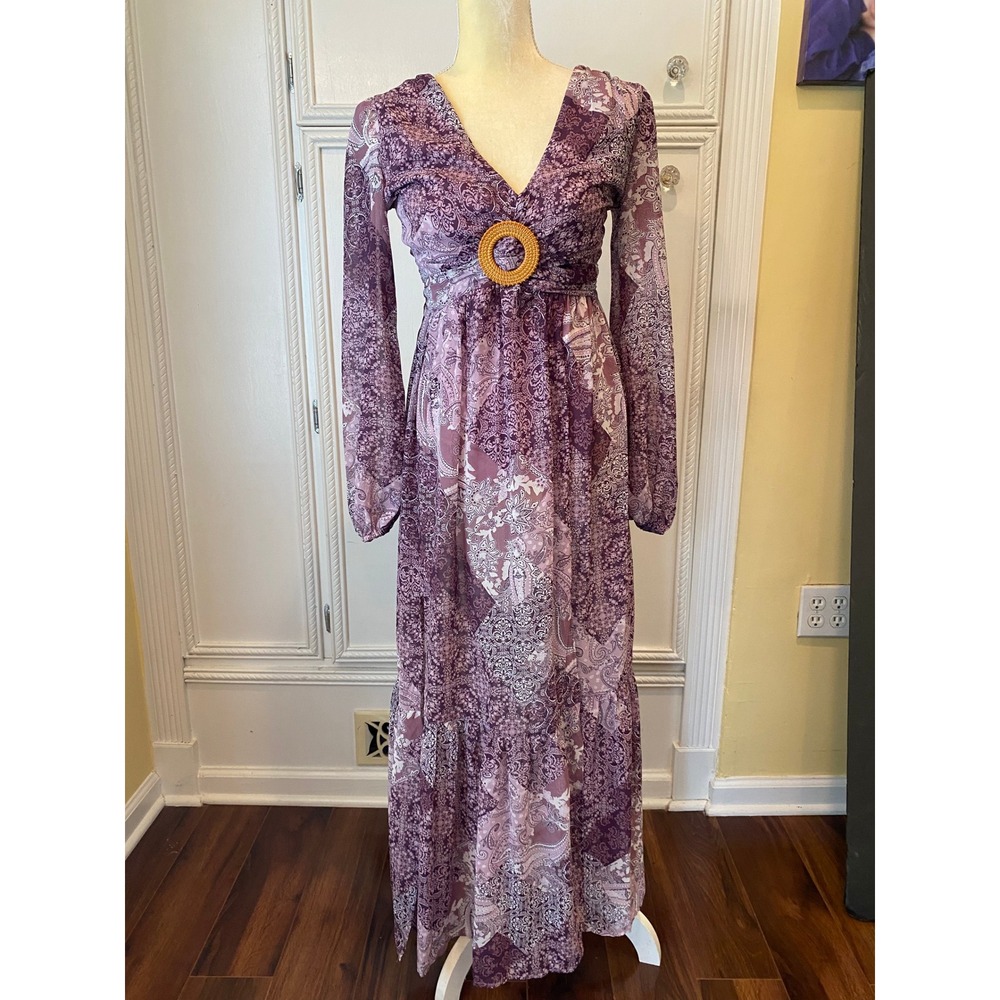 Jessica Simpson Purple Paisley Patchwork Maxi Dress Cutout Back Boho Womens XS
